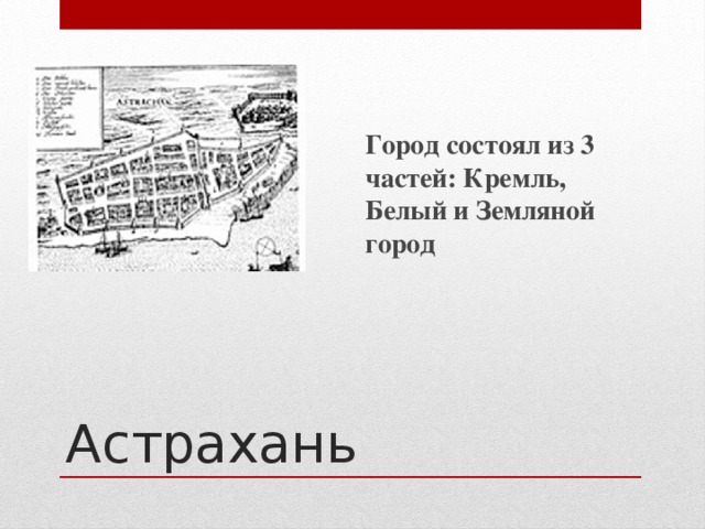 Город состоял из 3 частей: Кремль, Белый и Земляной город Астрахань 