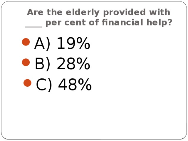 Are the elderly provided with ____ per cent of financial help? A) 19% B) 28% C) 48% 