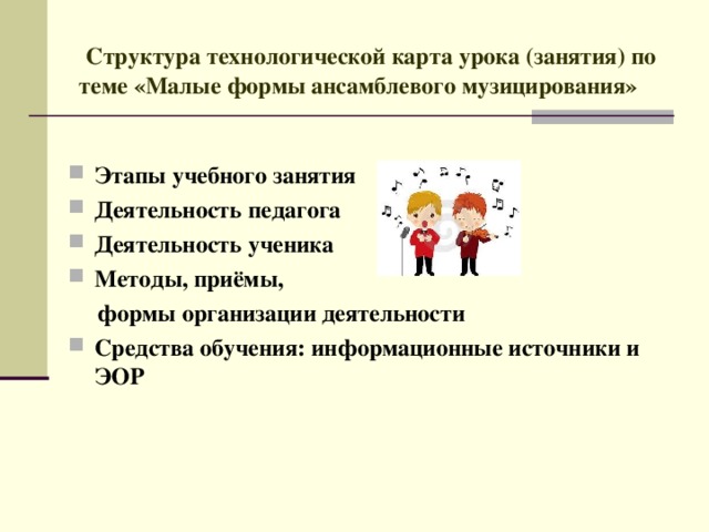   Структура технологической карта урока (занятия) по теме «Малые формы ансамблевого музицирования»    Этапы учебного занятия Деятельность педагога Деятельность ученика Методы, приёмы,  формы организации деятельности Средства обучения: информационные источники и ЭОР     