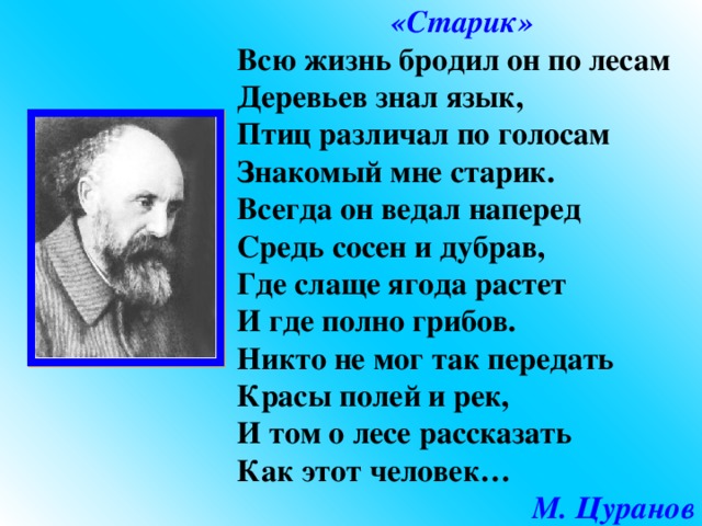 «Старик» Всю жизнь бродил он по лесам Деревьев знал язык, Птиц различал по голосам Знакомый мне старик. Всегда он ведал наперед Средь сосен и дубрав, Где слаще ягода растет И где полно грибов. Никто не мог так передать Красы полей и рек, И том о лесе рассказать Как этот человек… М. Цуранов  