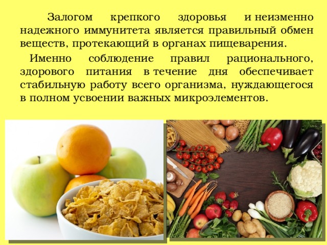  Залогом крепкого здоровья и неизменно надежного иммунитета является правильный обмен веществ, протекающий в органах пищеварения. Именно соблюдение правил рационального, здорового питания в течение дня обеспечивает стабильную работу всего организма, нуждающегося в полном усвоении важных микроэлементов. 