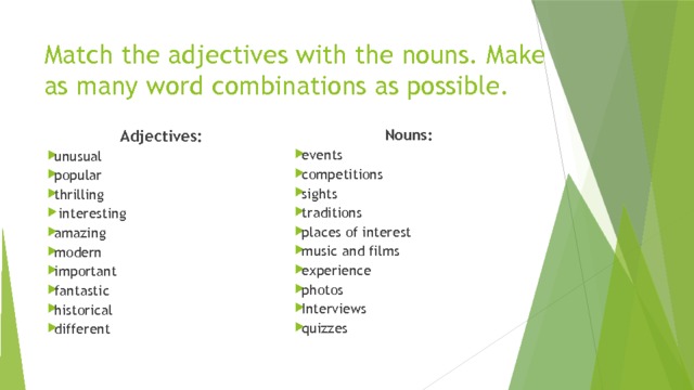 6 use the adjectives. Words and Word combinations. Adjectives Match. Match adjectives with Nouns. Using adjectives as Nouns.