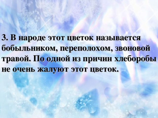 3. В народе этот цветок называется бобыльником, переполохом, звоновой травой. По одной из причин хлеборобы не очень жалуют этот цветок.