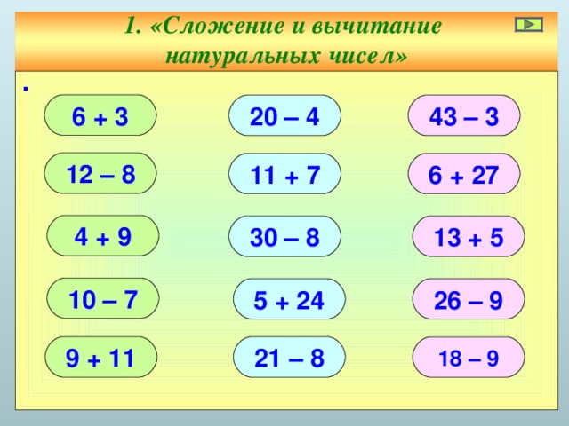 1. «Сложение и вычитание  натуральных чисел» ∙ 6 + 3 20 – 4 43 – 3 12 – 8 11 + 7 6 + 27 4 + 9 30 – 8 13 + 5 10 – 7 5 + 24 26 – 9 21 – 8 9 + 11 18 – 9