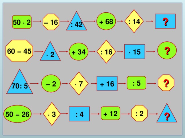 : 14 : 42 + 68 ? −  16 50 ∙ 2 : 16 60 −  45 ∙ 2 ? + 34 ∙ 15 70: 5 ∙ 7 ? −  2 + 16 : 5 ∙ 3 ? 50 − 26 : 2 + 12 : 4