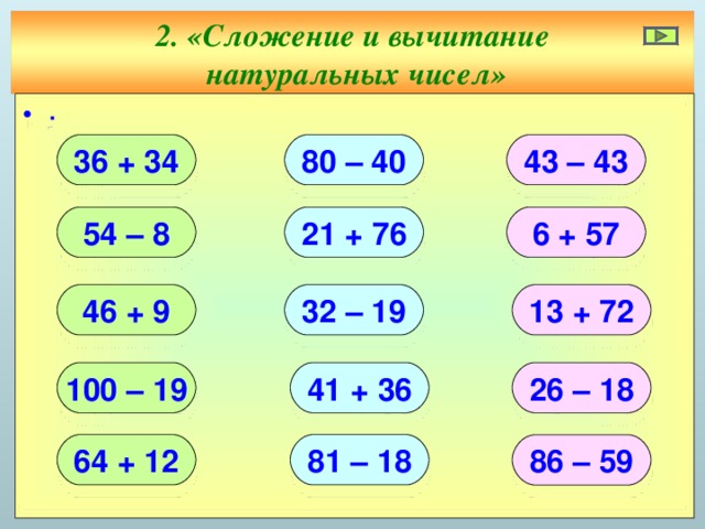 2 . «Сложение и вычитание  натуральных чисел» ∙ ∙ 80 – 40 36 + 34 43 – 43 36 + 34 43 – 43 80 – 40 6 + 57 21 + 76 54 – 8 21 + 76 6 + 57 54 – 8 13 + 72 4 6 + 9 32 – 19 32 – 19 13 + 72 4 6 + 9 4 1 + 36 26 – 1 8 100 – 1 9 4 1 + 36 26 – 1 8 100 – 1 9 8 1 – 18 64 + 12 86 – 59 8 1 – 18 64 + 12 86 – 59