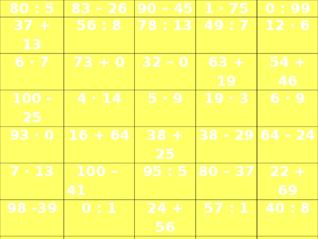 80 : 5 37 + 13 83 – 26 90 – 45 56 : 8 6 ∙ 7 100 - 25 1 ∙ 75 78 : 13 73 + 0 0 : 99 49 : 7 32 – 0 93 ∙ 0 4 ∙ 14 7 ∙ 13 63 + 19 16 + 64 5 ∙ 9 12 ∙ 6 98 -39 19 ∙ 3 38 + 25  100 – 41 54 + 46 72 : 9 0 : 1 95 : 5 38 - 29 6 ∙ 9 12 + 49 24 + 56 18 ∙ 3 80 – 37 64 - 24 54 : 9 35 + 45 8 ∙ 8 57 : 1 22 + 69 24 +0 82 -27 4 ∙ 15 40 : 8 48 : 6 8 ∙ 12 13 + 18 66 - 49 68 : 17 30 - 0