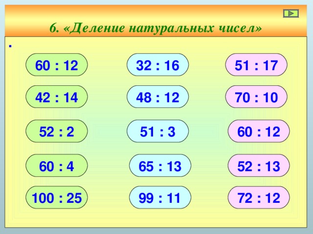 6. «Деление натуральных чисел» ∙ 60 : 12 32 : 16 51 : 17 42 : 14 48 : 12 70 : 10 52 : 2 51 : 3 60 : 12 60 : 4 52 : 13 65 : 13 100 : 25 99 : 11 72 : 12