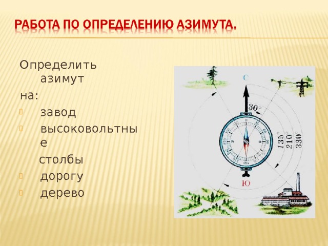 Определить азимут на: завод высоковольтные  столбы дорогу дерево 