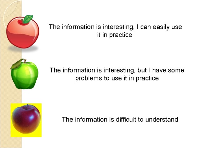 The information is interesting, I can easily use it in practice . The information is interesting, but I have some problems to use it in practice The information is difficult to understand 