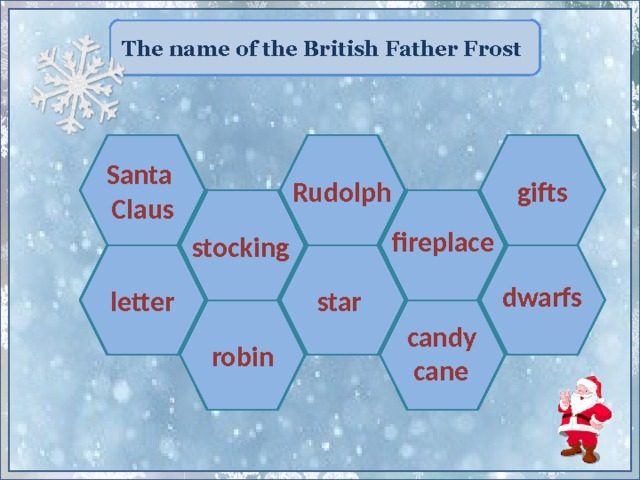 The name of the British Father Frost gifts Santa Claus Rudolph fireplace stocking letter  star dwarfs  robin candy  cane 