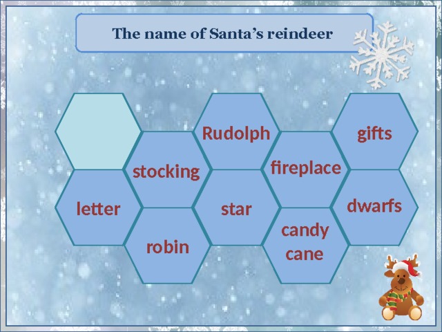 The name of Santa’s reindeer gifts Rudolph fireplace stocking letter star  dwarfs  robin candy  cane 