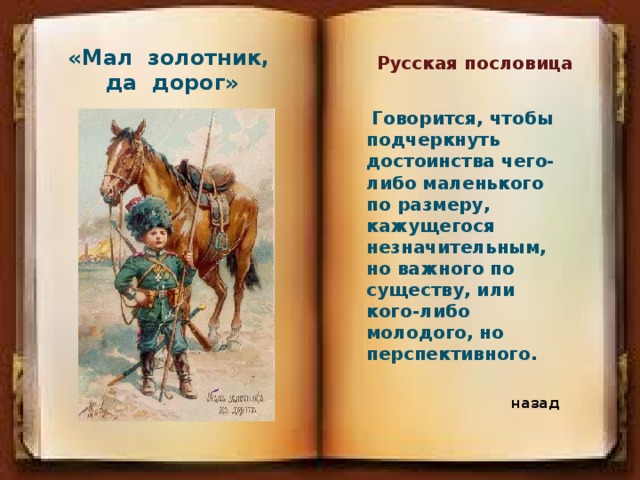 «Мал золотник, да дорог» Русская пословица   Говорится, чтобы подчеркнуть достоинства чего-либо маленького по размеру, кажущегося незначительным, но важного по существу, или кого-либо молодого, но перспективного.   назад