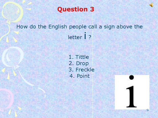 How do the English people call a sign above the letter i ? 1. Tittle 2. Drop   3. Freckle  4. Point  