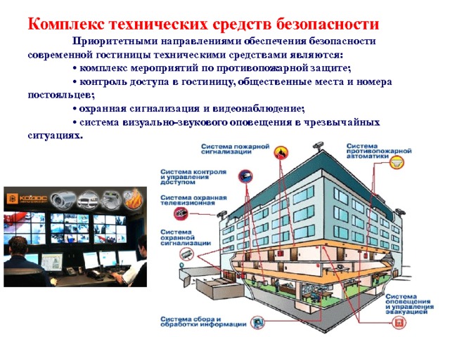 Комплекс технических средств безопасности   Приоритетными направлениями обеспечения безопасности современной гостиницы техническими средствами являются:   • комплекс мероприятий по противопожарной защите;   • контроль доступа в гостиницу, общественные места и номера постояльцев;   • охранная сигнализация и видеонаблюдение;   • система визуально-звукового оповещения в чрезвычайных ситуациях.   