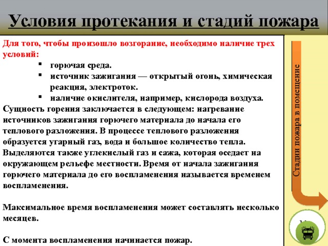 Стадии пожара в помещение Условия протекания и стадий пожара Для того, чтобы произошло возгорание, необходимо наличие трех условий: горючая среда. источник зажигания — открытый огонь, химическая реакция, электроток. наличие окислителя, например, кислорода воздуха. Сущность горения заключается в следующем: нагревание источников зажигания горючего материала до начала его теплового разложения. В процессе теплового разложения образуется угарный газ, вода и большое количество тепла. Выделяются также углекислый газ и сажа, которая оседает на окружающем рельефе местности. Время от начала зажигания горючего материала до его воспламенения называется временем воспламенения.  Максимальное время воспламенения может составлять несколько месяцев.  С момента воспламенения начинается пожар. М е н ю  