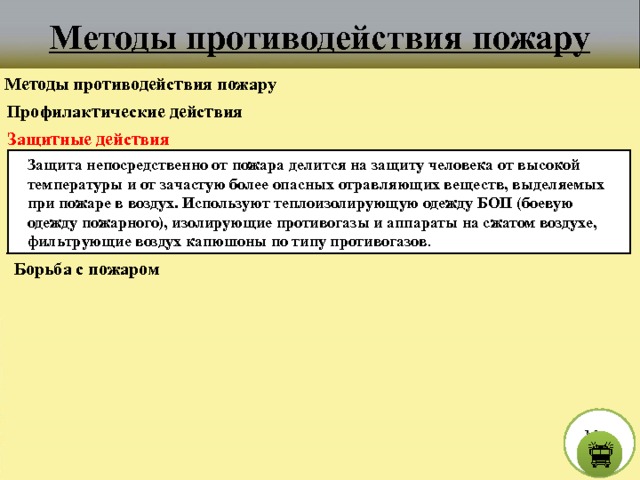 Методы противодействия пожару Методы противодействия пожару Профилактические действия Защитные действия Защита непосредственно от пожара делится на защиту человека от высокой температуры и от зачастую более опасных отравляющих веществ, выделяемых при пожаре в воздух. Используют теплоизолирующую одежду БОП (боевую одежду пожарного), изолирующие противогазы и аппараты на сжатом воздухе, фильтрующие воздух капюшоны по типу противогазов . Борьба с пожаром М е н ю  