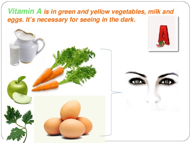 Vitamin A is in green and yellow vegetables, milk and eggs. It’s necessary for seeing in the dark.