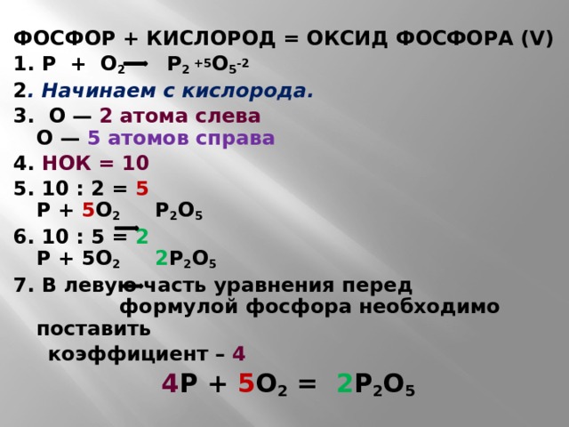 ФОСФОР + КИСЛОРОД = ОКСИД ФОСФОРА (V) 1. P + O 2 P 2 +5 O 5 -2 2 . Начинаем с кислорода. 3. O —  2 атома слева  O —  5 атомов справа 4. НОК = 10 5. 10 : 2 =  5  P +  5 O 2    P 2 O 5 6. 10 : 5 =  2  P + 5O 2     2 P 2 O 5 7. В левую часть уравнения перед формулой фосфора необходимо поставить  коэффициент – 4 4 P +  5 O 2  =   2 P 2 O 5  