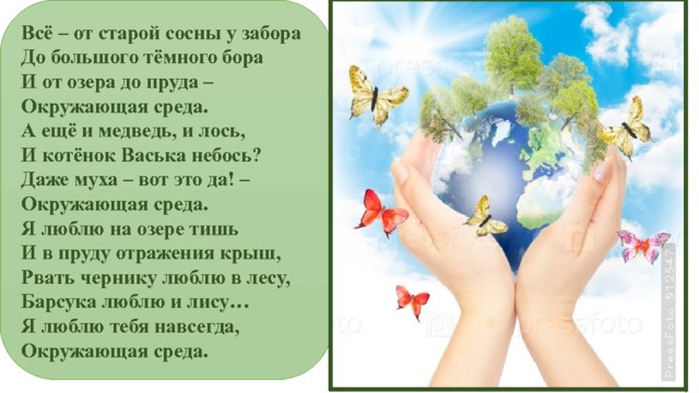 Всё – от старой сосны у забора До большого тёмного бора И от озера до пруда – Окружающая среда. А ещё и медведь, и лось, И котёнок Васька небось? Даже муха – вот это да! – Окружающая среда. Я люблю на озере тишь И в пруду отражения крыш, Рвать чернику люблю в лесу, Барсука люблю и лису… Я люблю тебя навсегда, Окружающая среда. 