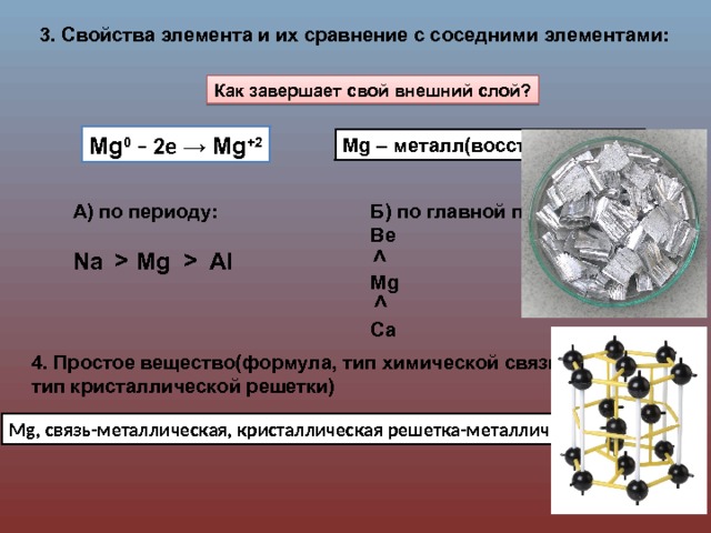     3. Свойства элемента и их сравнение с соседними элементами: Как завершает свой внешний слой? Mg 0 – 2e → Mg +2 Mg – металл(восстановитель) А) по периоду: Б) по главной подгруппе: Be   Na Mg Al Mg  Ca 4. Простое вещество(формула, тип химической связи, тип кристаллической решетки) Mg, связь-металлическая, кристаллическая решетка-металлическая 