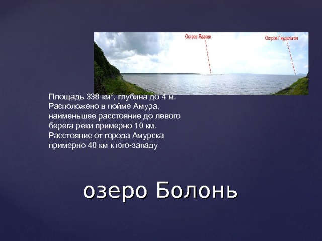 Площадь 338 км², глубина до 4 м. Расположено в пойме Амура, наименьшее расстояние до левого берега реки примерно 10 км. Расстояние от города Амурска примерно 40 км к юго-западу озеро Болонь 