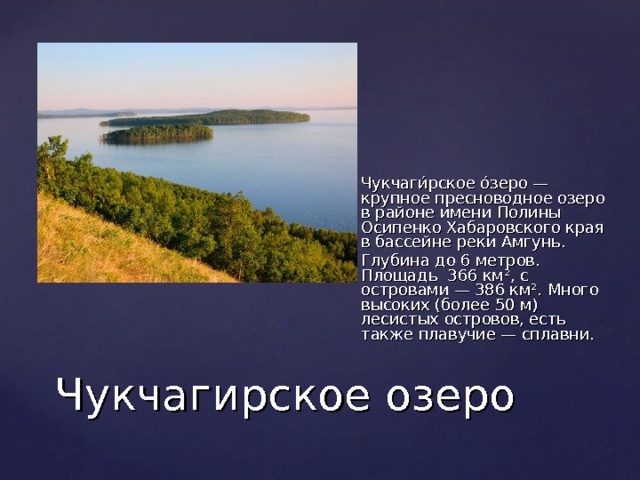 Чукчаги́рское о́зеро — крупное пресноводное озеро в районе имени Полины Осипенко Хабаровского края в бассейне реки Амгунь. Глубина до 6 метров. Площадь 366 км², с островами — 386 км². Много высоких (более 50 м) лесистых островов, есть также плавучие — сплавни. Чукчагирское озеро 