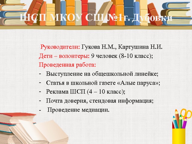 ШСП МКОУ СШ №1г. Дубовки  Руководители: Гукова Н.М., Картушина Н.И. Дети – волонтеры: 9 человек (8-10 класс); Проведенная работа: Выступление на общешкольной линейке; Статья в школьной газете «Алые паруса»; Реклама ШСП (4 – 10 класс); Почта доверия, стендовая информация; - Проведение медиации.  