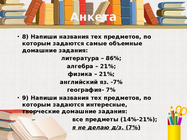 Анкета 8) Напиши названия тех предметов, по которым задаются самые объемные домашние задания: литература – 86%; алгебра – 21%; физика – 21%; английский яз. -7% география- 7% 9) Напиши названия тех предметов, по которым задаются интересные, творческие домашние задания:  все предметы (14%-21%);  я не делаю д/з . (7%)  