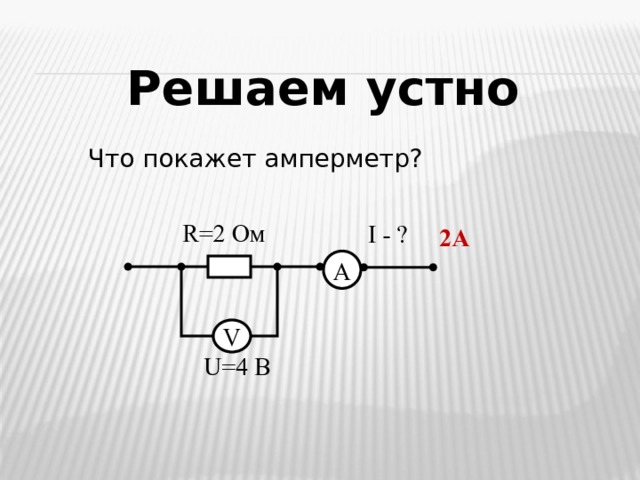 Решаем устно Что покажет амперметр? R=2 Ом I - ? 2А А V U=4 В  