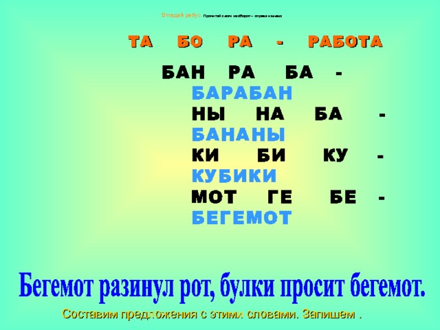  Отгадай ребус.  Прочитай слоги наоборот – справа налево.      ТА БО РА - РАБОТА  БАН РА БА -  БАРАБАН  НЫ НА БА -  БАНАНЫ  КИ БИ КУ -  КУБИКИ  МОТ ГЕ БЕ -  БЕГЕМОТ    Составим предложения с этими словами. Запишем . 