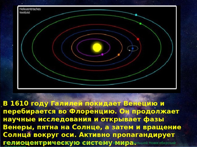 В 1610 году Галилей покидает Венецию и перебирается во Флоренцию. Он продолжает научные исследования и открывает фазы Венеры, пятна на Солнце, а затем и вращение Солнца вокруг оси. Активно пропагандирует гелиоцентрическую систему мира. Презентация выполнена под руководством Удовченко Елены Ивановны. Большой Новосибирский Планетарий. 