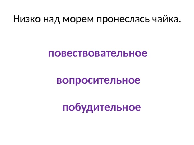 Низко над морем пронеслась чайка. повествовательное вопросительное побудительное 