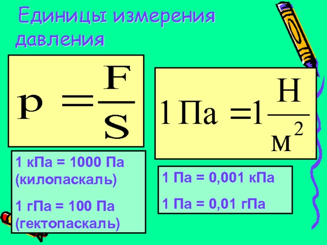  Единицы измерения давления 1 кПа = 1000 Па (килопаскаль) 1 гПа = 100 Па (гектопаскаль) 1 Па = 0,001 кПа 1 Па = 0,01 гПа 