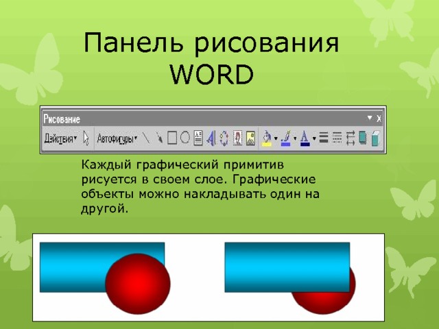 Панель рисования WORD Каждый графический примитив рисуется в своем слое. Графические объекты можно накладывать один на другой. 