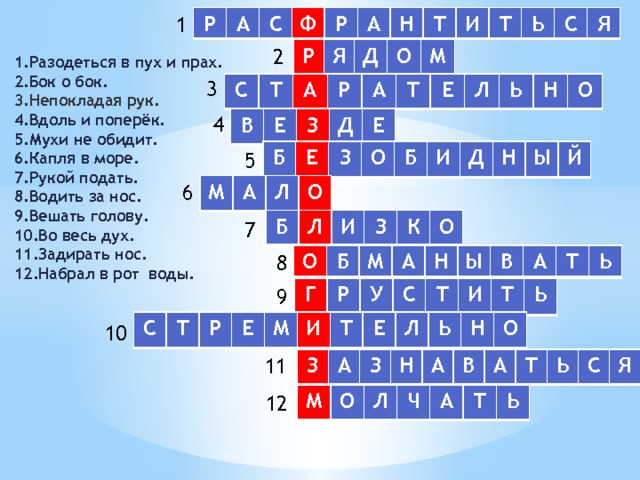 1 Р А С Ф Р А Н Т И Т Ь С Я 2 Р Я Д О М Разодеться в пух и прах. Бок о бок. Непокладая рук. Вдоль и поперёк. Мухи не обидит. Капля в море. Рукой подать. Водить за нос. Вешать голову. Во весь дух. Задирать нос. Набрал в рот воды. 3 С Т А Р А Т Е Л Ь Н О 4 В Е З Д Е Б Е З О Б И Д Н Ы Й 5 6 М А Л О Б Л И З К О 7 8 О Б М А Н Ы В А Т Ь Г Р У С Т И Т Ь 9 С Т Р Е М И Т Е Л Ь Н О 10 11 З А З Н А В А Т Ь С Я М О Л Ч А Т Ь 12 