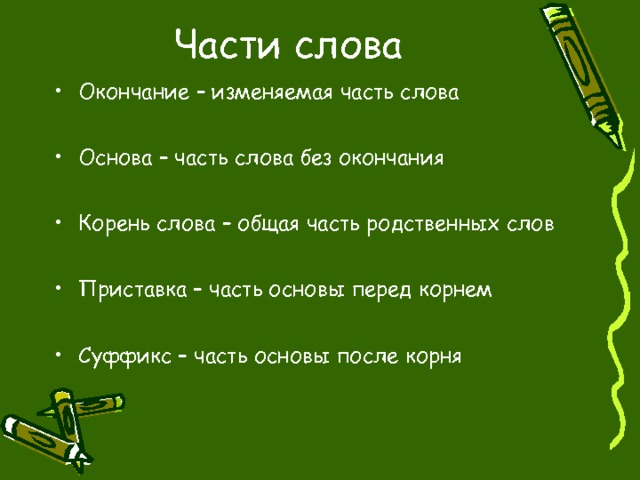 Части слова Окончание – изменяемая часть слова  Основа – часть слова без окончания  Корень слова – общая часть родственных слов  Приставка – часть основы перед корнем  Суффикс – часть основы после корня  