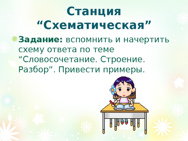 Станция “Схематическая” Задание: вспомнить и начертить схему ответа по теме “Словосочетание. Строение. Разбор”. Привести примеры. 