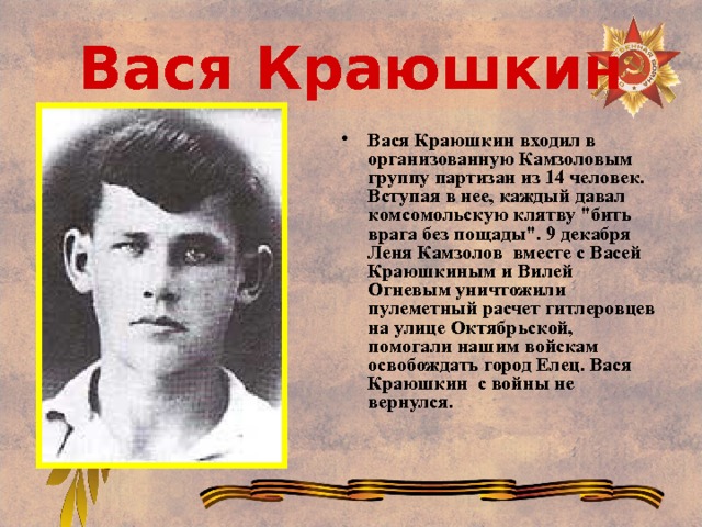 Вася Краюшкин Вася Краюшкин входил в организованную Камзоловым группу партизан из 14 человек. Вступая в нее, каждый давал комсомольскую клятву 