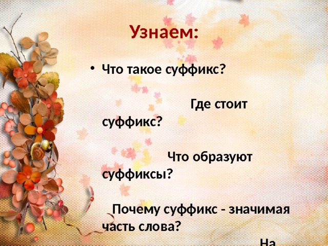 Узнаем: Что такое суффикс? Где стоит суффикс? Что образуют суффиксы? Почему суффикс - значимая часть слова? На какие группы по значению делятся суффиксы? 