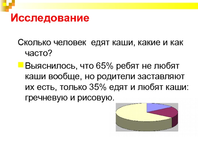 Исследование   Сколько человек едят каши, какие и как часто? Выяснилось, что 65% ребят не любят каши вообще, но родители заставляют их есть, только 35% едят и любят каши: гречневую и рисовую. 