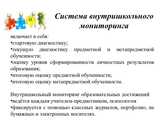 Система внутришкольного мониторинга включает в себя: стартовую диагностику; текущую диагностику предметной и метапредметной обученности; оценку уровня сформированности личностных результатов образования; итоговую оценку предметной обученности; итоговую оценку метапредметной обученности .  Внутришкольный мониторинг образовательных достижений ведётся каждым учителем-предметником, психологом фиксируется с помощью классных журналов, портфолио, на бумажных и электронных носителях. 