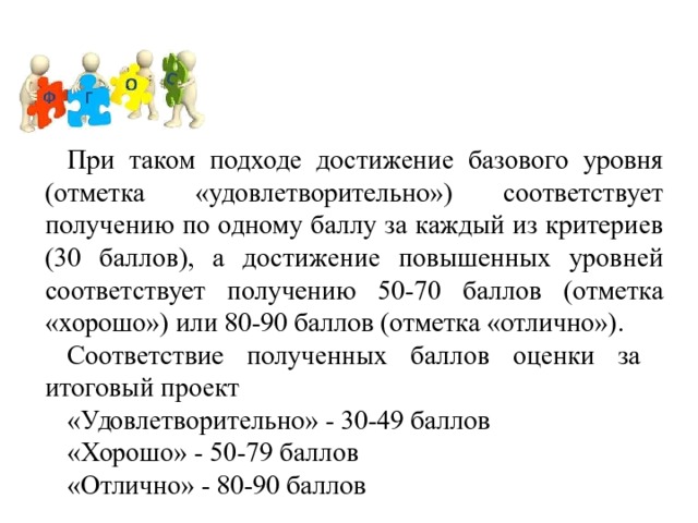 При таком подходе достижение базового уровня (отметка «удовлетворительно») соответствует получению по одному баллу за каждый из критериев (30 баллов), а достижение повышенных уровней соответствует получению 50-70 баллов (отметка «хорошо») или 80-90 баллов (отметка «отлично»). Соответствие полученных баллов оценки за итоговый проект «Удовлетворительно» - 30-49 баллов «Хорошо» - 50-79 баллов «Отлично» - 80-90 баллов 