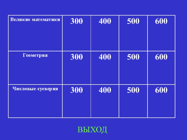 Великие математики Геометрия 300 Числовые суеверия 400 300 300 400 500 500 400 600 500 600 600 ВЫХОД 