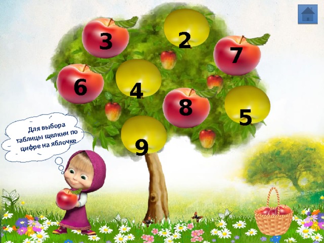  Для выбора таблицы щелкни по цифре на яблочке 2  3  7  6 4  8 5 9 