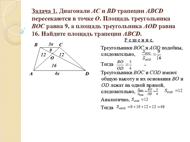 Задача 1. Диагонали AC и BD трапеции ABCD пересекаются в точке О . Площадь треугольника BOC равна 9, а площадь треугольника AOD равна 16. Найдите площадь трапеции ABCD . Р е ш е н и е.   Треугольники ВОС и AOD подобны, следовательно, .  Тогда .  Треугольники BOC  и COD  имеют общую высоту и их основания BO  и OD  лежат на одной прямой, следовательно,  Аналогично,  Тогда 3х C B 9 12 12 O 16 4х A D 