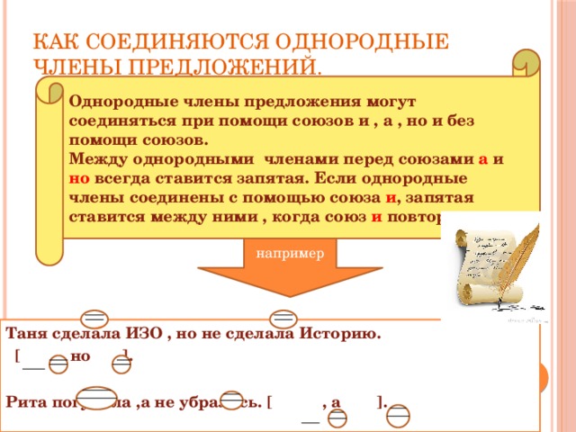 Как соединяются однородные члены предложений. Однородные члены предложения могут соединяться при помощи союзов и , а , но и без помощи союзов.  Между однородными членами перед союзами  а  и  но  всегда ставится запятая. Если однородные члены соединены с помощью союза и , запятая ставится между ними , когда союз и повторяется. например Таня сделала ИЗО , но не сделала Историю.  [ , но ].  Рита погуляла ,а не убралась. [ , а ].