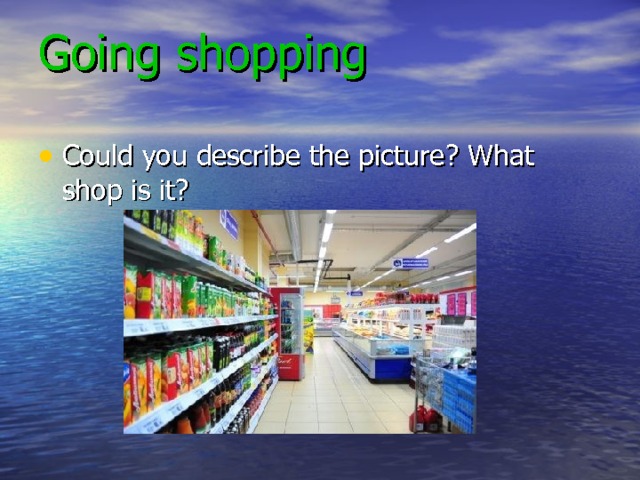 Going shopping    Could you describe the picture ? What shop is it ? 