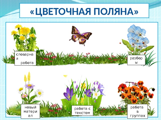 «цветочная поляна» словарная  работа разборы новый материал работа в группах работа с текстом 