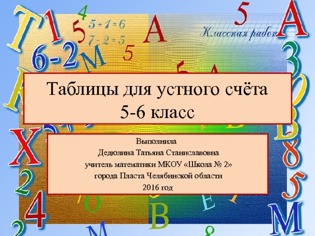 Таблицы для устного счёта  5-6 класс Выполнила  Дедюлина Татьяна Станиславовна  учитель математики МКОУ «Школа № 2»  города Пласта Челябинской области 2016 год 